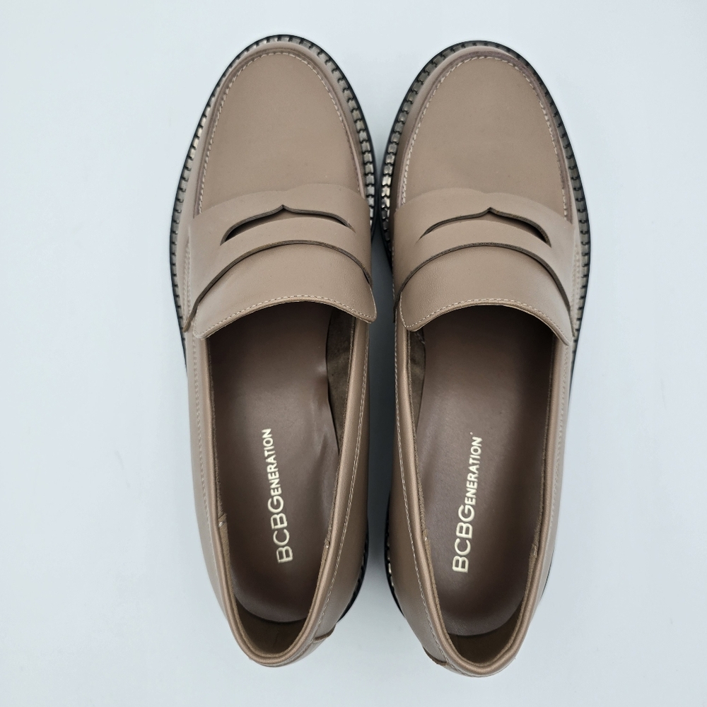 BCBGeneration Taupe Leather Loafers with Chain-Trim Sole - Picture 9 of 16